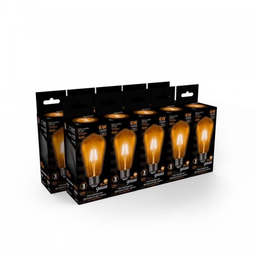 Лампа светодиодная филаментная Black Filament 6Вт ST64 золотая 2400К тепл. бел. E27 550лм GAUSS 102802006
