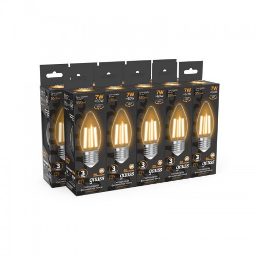 Лампа светодиодная филаментная Black Filament 7Вт свеча 2700К тепл. бел. E27 550лм GAUSS 103802107