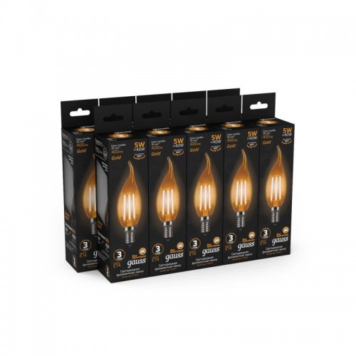 Лампа светодиодная филаментная Black Filament 5Вт свеча на ветру золотая 2700К тепл. бел. E14 400лм GAUSS 104801005