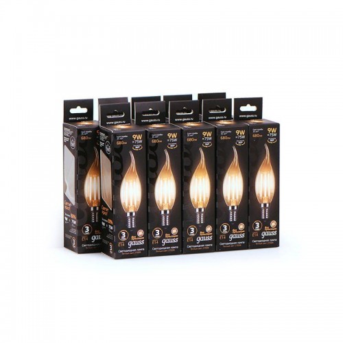 Лампа светодиодная филаментная Black Filament 9Вт свеча на ветру 2700К тепл. бел. E14 680лм GAUSS 104801109