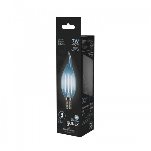 Лампа светодиодная филаментная Black Filament 7Вт свеча на ветру 4100К нейтр. бел. E14 580лм GAUSS 104801207