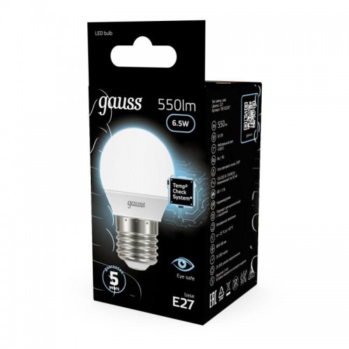 Лампа светодиодная Black 6.5Вт P45 шар 4100К нейтр. бел. E27 550лм GAUSS 105102207