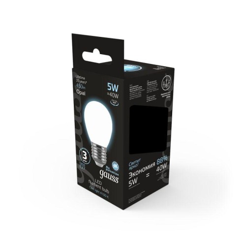 Лампа светодиодная филаментная Black Filament 5Вт P45 шар матовая 4100К нейтр. бел. E27 450лм GAUSS 105202205