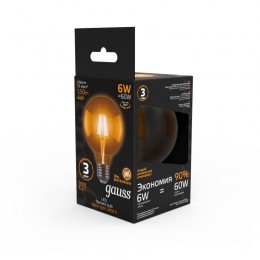 Лампа светодиодная филаментная Black Filament 6Вт G95 шар золотая 2400К тепл. бел. E27 550лм GAUSS 105802006