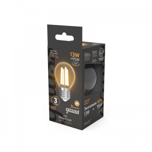Лампа светодиодная филаментная Black Filament 13Вт P45 шар 2700К тепл. бел. E27 1100лм GAUSS 105802113