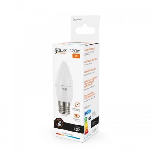 Лампа светодиодная Elementary 6Вт свеча 3000К тепл. бел. E27 420лм GAUSS 33216