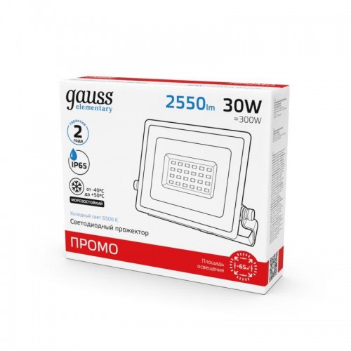 Прожектор светодиодный Elementary 30Вт 6500К IP65 2550лм 200-240В ДО PROMO черн. GAUSS 613100330P