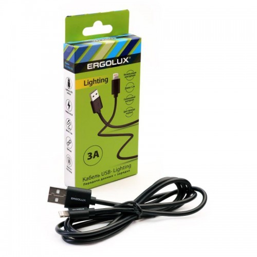 Кабель USB ELX-CDC03-C02 USB-Lightning 3А 1.2м зарядка+передача данных коробка черн. ERGOLUX 15096