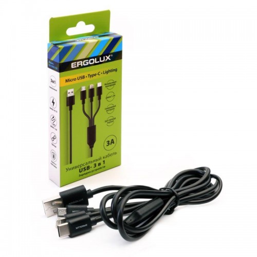 Кабель USB ELX-CDC05-C02 3в1- Micro USB-Lightning-Type C 3А 1.2м зарядка коробка черн. ERGOLUX 15099