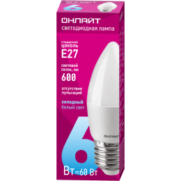 Лампа светодиодная 61 129 OLL-C37-6-230-6.5K-E27-FR 6Вт ОНЛАЙТ 61129