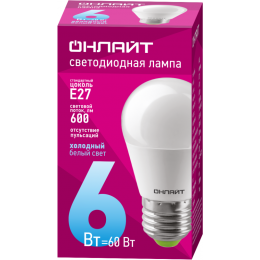 Лампа светодиодная 61 138 OLL-G45-6-230-6.5K-E27 6Вт ОНЛАЙТ 61138