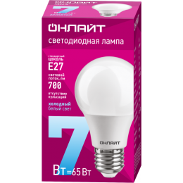 Лампа светодиодная 61 139 OLL-A60-7-230-6.5K-E27 7Вт грушевидная ОНЛАЙТ 61139