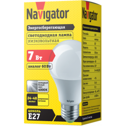Лампа светодиодная 61 474 NLL-A60-7-24/48-4K-E27 7Вт грушевидная матовая 4000К нейтр. бел. E27 560лм 24-48В низковольтная Navigator 61474