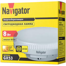 Лампа светодиодная 71 362 NLL-GX53-8-230-2.7K 8Вт таблетка 2700К тепл. бел. GX53 600лм 220-240В Navigator 71362
