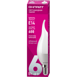 Лампа светодиодная 71 621 OLL-FC37-6-230-4K-E14-FR 6Вт свеча на ветру 4000К нейтр. бел. E14 470лм 220-240В ОНЛАЙТ 71621