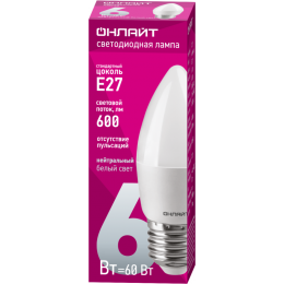 Лампа светодиодная 71 631 OLL-C37-6-230-4K-E27-FR 6Вт свеча 4000К нейтр. бел. E27 470лм 220-240В ОНЛАЙТ 71631