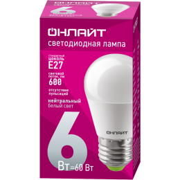 Лампа светодиодная 71 646 OLL-G45-6-230-4K-E27 6Вт шар 4000К нейтр. бел. E27 470лм 220-240В ОНЛАЙТ 71646