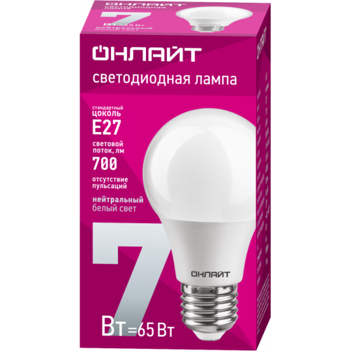 Лампа светодиодная 71 648 OLL-A60-7-230-4K-E27 7Вт грушевидная 4000К нейтр. бел. E27 610лм 220-240В ОНЛАЙТ 71648