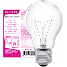 Лампа накаливания 71 661 OI-A-40-230-E27-CL 40Вт E27 220-230В ОНЛАЙТ 71661