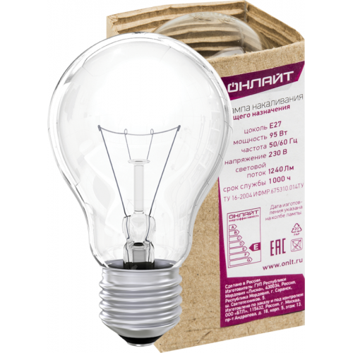 Лампа накаливания 71 664 OI-A-95-230-E27-CL 95Вт E27 220-230В ОНЛАЙТ 71664