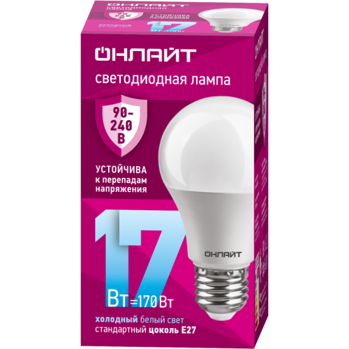 Лампа светодиодная 90 404 OLL-A60-17-230-6.5K-E27 17Вт грушевидная 6500К E27 90-240В PRO ОНЛАЙТ 90404