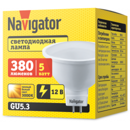 Лампа светодиодная 94 262 NLL-MR16-5-12-3K-GU5.3 5Вт 3000К тепл. бел. GU5.3 360лм 12В Navigator 94262