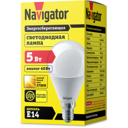 Лампа светодиодная 94 476 NLL-P-G45-5-230-2.7K-E14 5Вт шар 2700К тепл. бел. E14 330лм 176-264В Navigator 94476