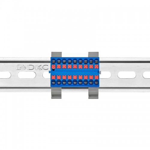Блок распределительный с горизонт. адаптером на рейку шир. 35мм зажим push-in 18 точек подключения 2.5кв.мм син. DKC DTP1-018-04SPUB-H