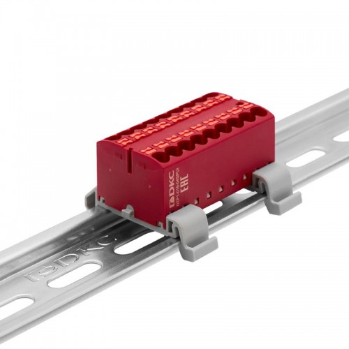 Блок распределительный с горизонт. адаптером на рейку шир. 35мм зажим push-in 18 точек подключения 2.5кв.мм красн. DKC DTP1-018-04SPUR-H