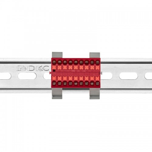 Блок распределительный с горизонт. адаптером на рейку шир. 35мм зажим push-in 18 точек подключения 2.5кв.мм красн. DKC DTP1-018-04SPUR-H