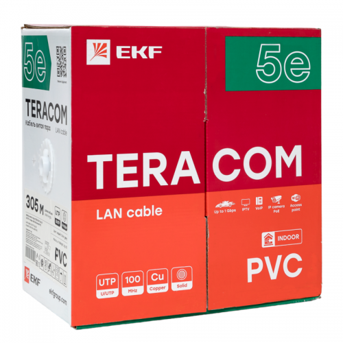 Кабель витая пара U/UTP кат.5e 4 пары solid оболочка PVC сер. TERACOM EKF TRC-5EUTP-04PVC-GY-IN3