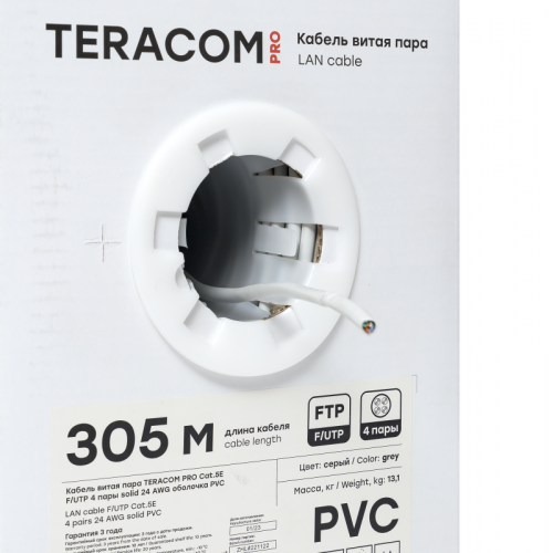 Кабель витая пара F/UTP кат.5e 4 пары solid 24AWG PVC сер. TERACOM PRO EKF TRP-5EFTP-04PVC-GY-IN3