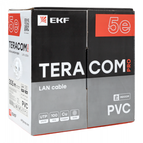 Кабель витая пара U/UTP кат.5e 4 пары solid 24AWG PVC сер. TERACOM PRO PRO EKF TRP-5EUTP-04PVC-GY-IN3