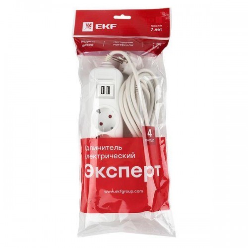Удлинитель 4х5м 16А IP20 Эксперт 3.5кВт 2хUSB 2.1А ПВС 3х1 PROxima EKF UBA16-2USB-4-05i