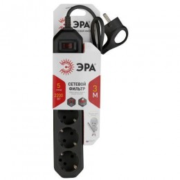 Удлинитель с сетевым фильтром 5х3м с заземл. 10А IP20 USF-5es-3m-B ПВС 3х0.75 с выкл. черн. Эра Б0019034