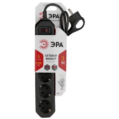 Удлинитель с сетевым фильтром 5х3м с заземл. 10А IP20 USF-5es-3m-B ПВС 3х0.75 с выкл. черн. Эра Б0019034