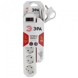 Удлинитель с сетевым фильтром 5х5м с заземл. 10А IP20 USF-5es-5m-W ПВС 3х0.75 с выкл. бел. Эра Б0019738