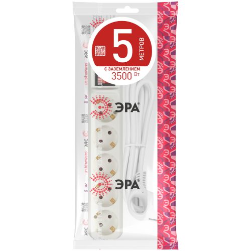 Удлинитель 5х5м с заземл. 16А IP20 U-5es-5m-3х1 ПВС 3х1 с выкл. Эра Б0028383