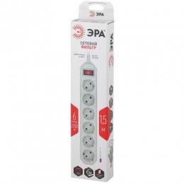 Удлинитель с сетевым фильтром 6х1.5м с заземл. 10А IP20 USF-6es-1.5m-W с выкл. с базов. защитой бел. Эра Б0037260