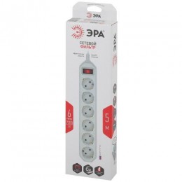 Удлинитель с сетевым фильтром 6х5м с заземл. 10А IP20 USF-6es-5m-W с выкл. с базов. защитой бел. Эра Б0037264