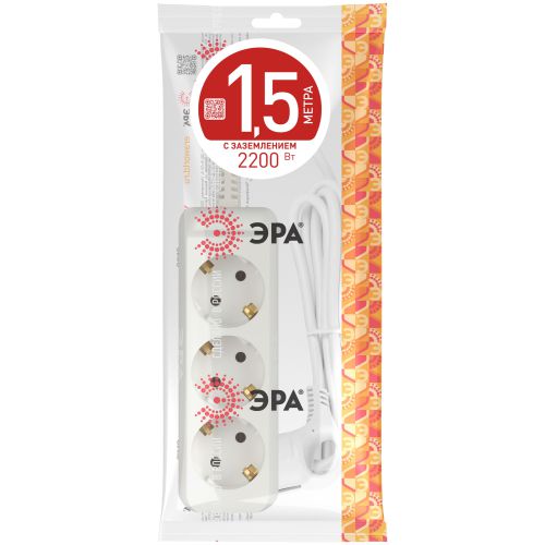Удлинитель 3х1.5м с заземл. 10А IP20 UX-3e-1.5m ПВС 3х0.75 Эра Б0038575