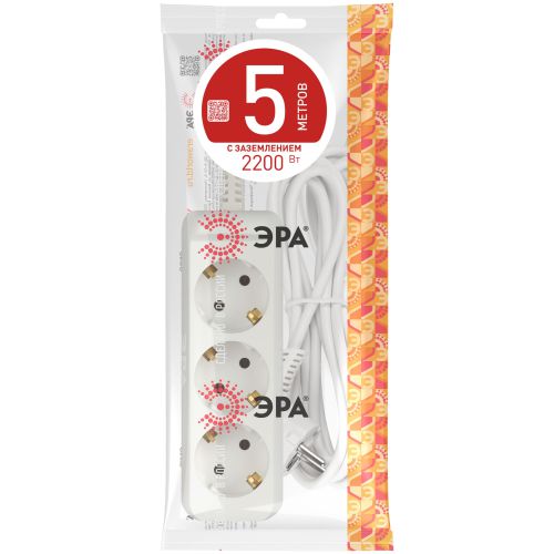 Удлинитель 3х5м с заземл. 10А IP20 UX-3e-5m ПВС 3х0.75 Эра Б0038576