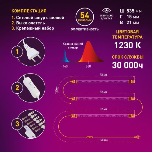 Светильник модульный для растений FITO-3х10W-LINE-RB90 30Вт красно-синего спектра ЭРА Б0050924