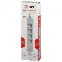 Удлинитель с сетевым фильтром 4х3м с заземл. 10А USF-4es-3m-2xUSBAC-W +2xUSBA+C 3.1A с выкл. с базов. защитой Эра Б0059573
