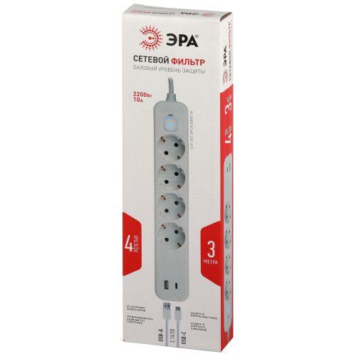 Удлинитель с сетевым фильтром 4х3м с заземл. 10А USF-4es-3m-2xUSBAC-W +2xUSBA+C 3.1A с выкл. с базов. защитой Эра Б0059573