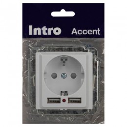 Розетка 1-м СП Accent 6-410-01 16А IP20 250В P+E Schuko защ. шторки + 2хUSB бел. Intro Б0063689