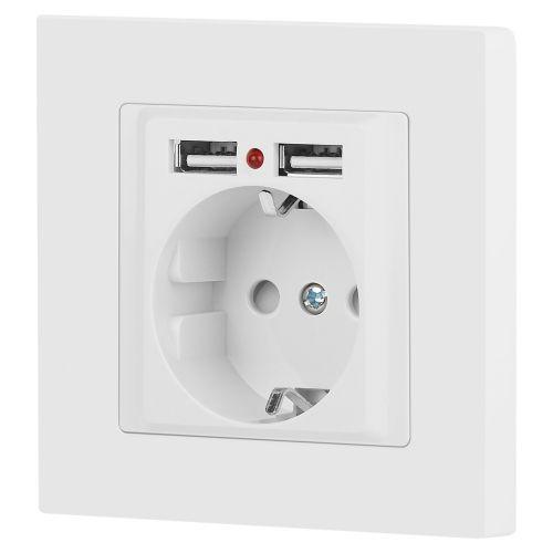 Розетка 1-м СП Accent 6-410-01М 16А IP20 250В P+E Schuko защ. шторки + 2хUSB бел. матов. Intro Б0063691