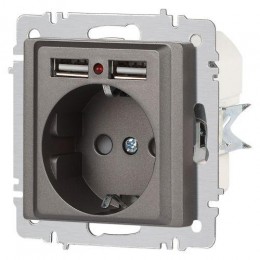 Розетка 1-м СП Accent 6-410-09 16А IP20 250В P+E Schuko + 2хUSB защ. шторки титан Intro Б0063711