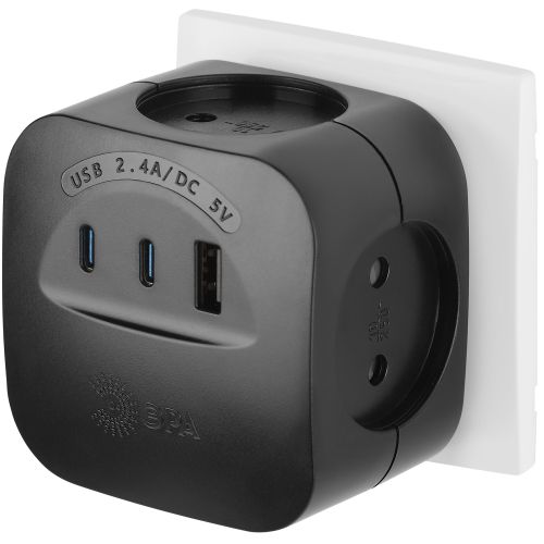 Разветвитель 4-м SP-4-3USBAC-B + 3 USB A+C со шторками 10А чер. Эра Б0069084