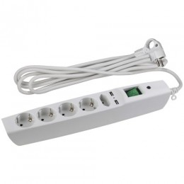 Удлинитель с сетевым фильтром 5х2м с заземл. 10А IP20 U-5es-2m-W 2хUSB ПВС 3х0.75 с выкл. защ. шторки бел. Эра C0043327